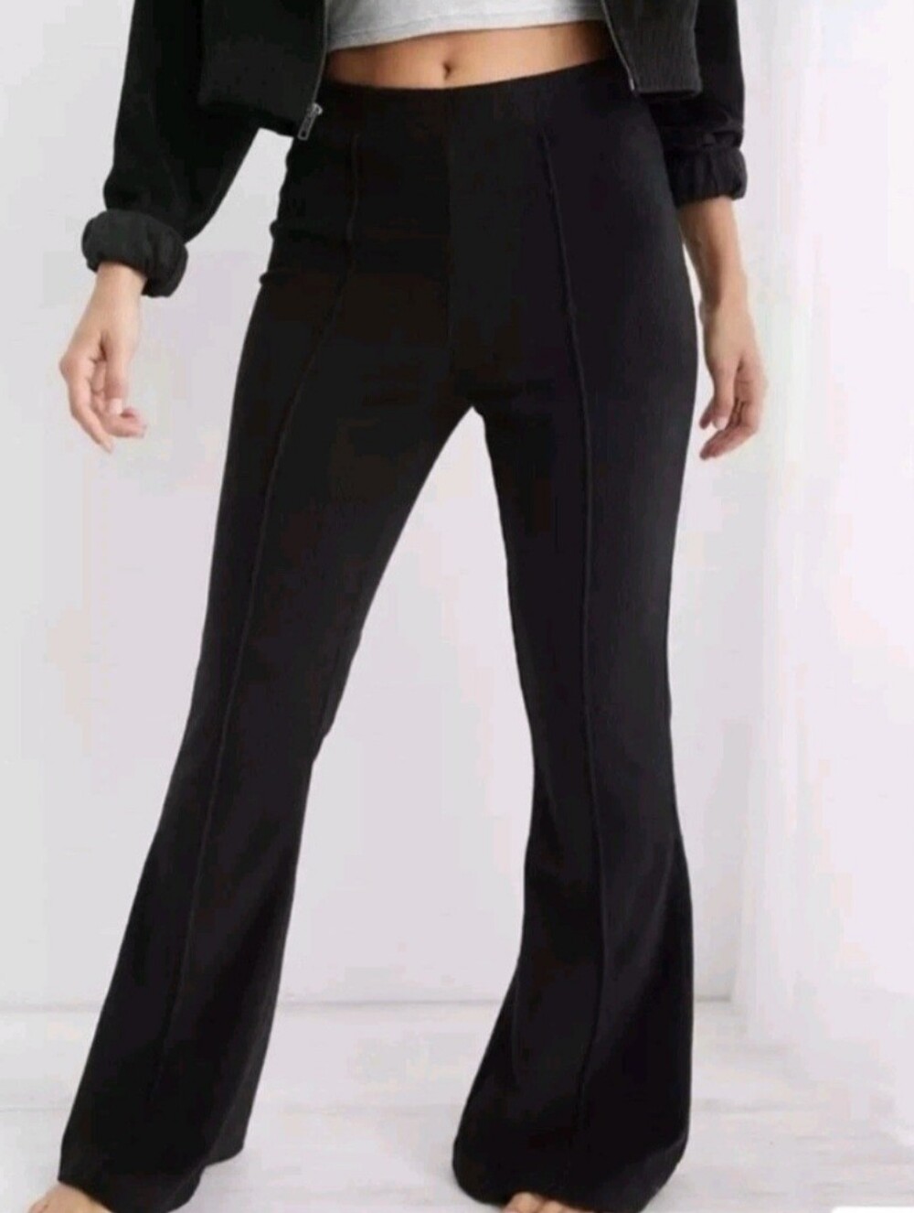 Aerie Black Groove On Ribbed Velour Flare Pants